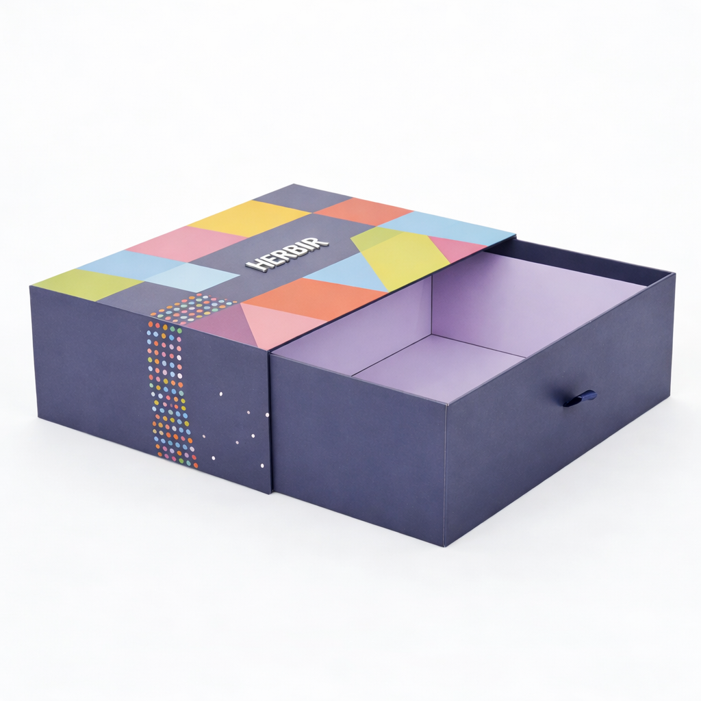 luxury paper drawer box packaging with ribbon pull and rigid cardboard construction