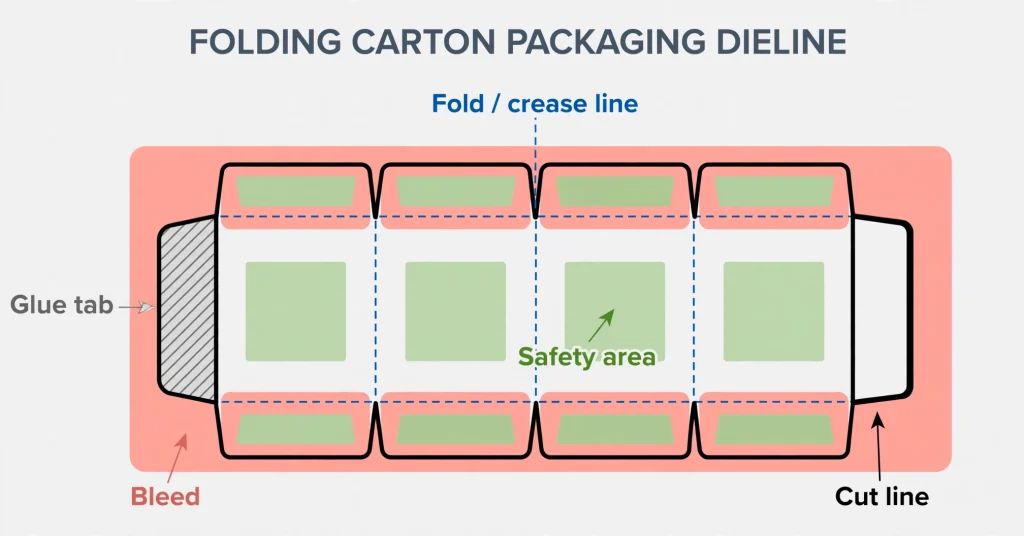 Annotated folding carton dieline diagram showing cut lines, fold lines, bleed, safety area and glue tab