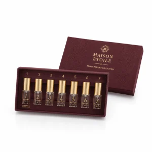 Seven piece travel perfume gift box with fitted bottle insert