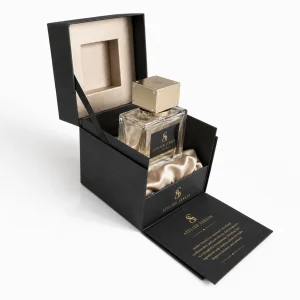 Front opening rigid perfume display box with fold-down presentation panel