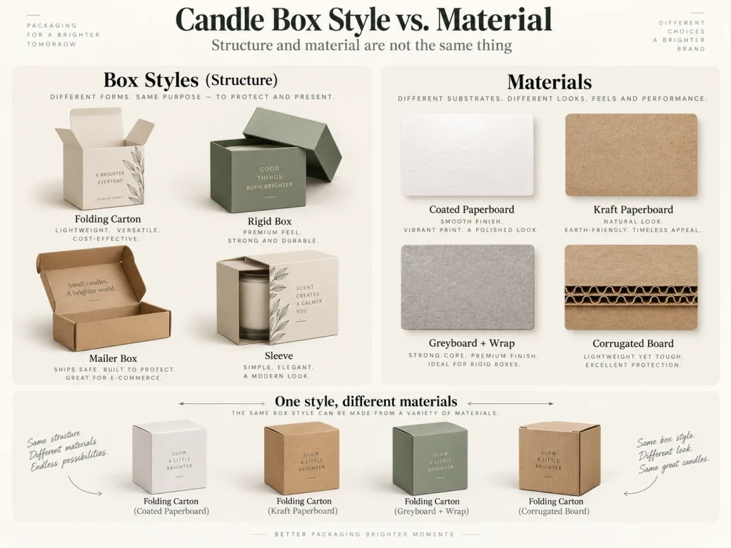 Candle box styles and materials