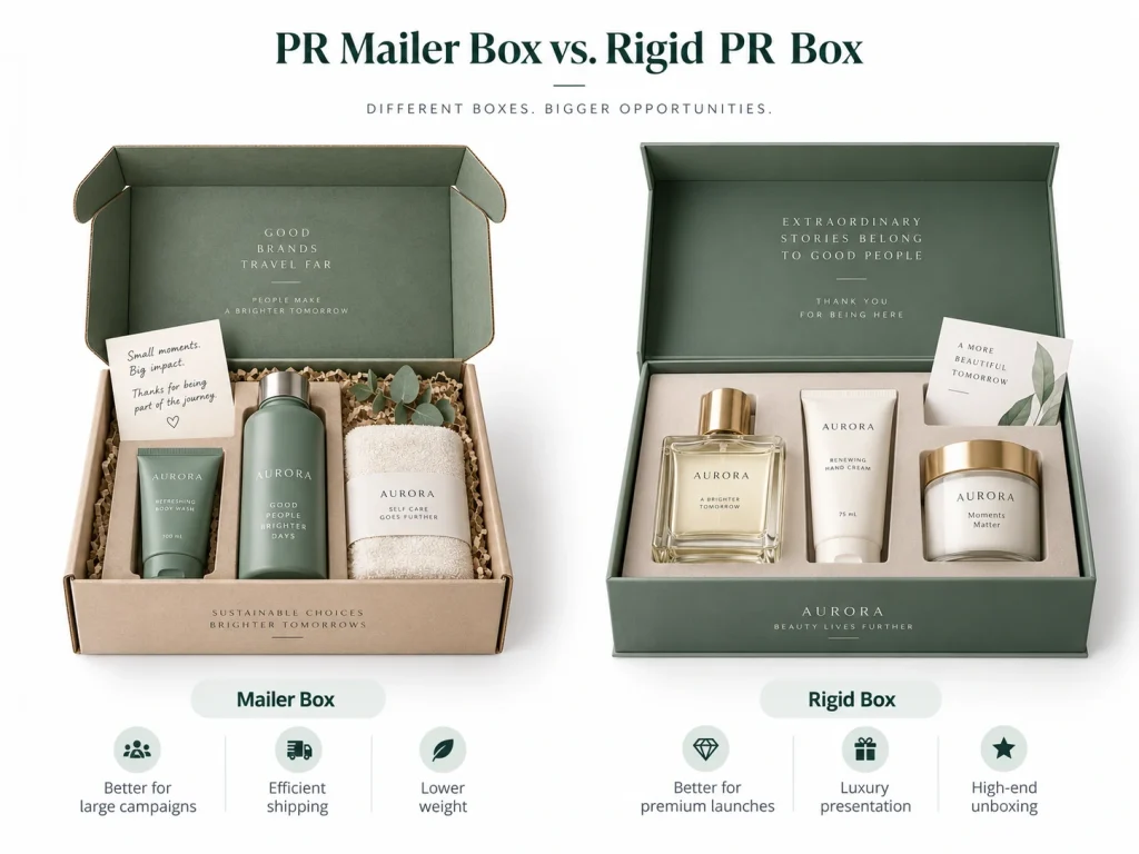 Custom PR mailer box vs rigid box for influencer packaging