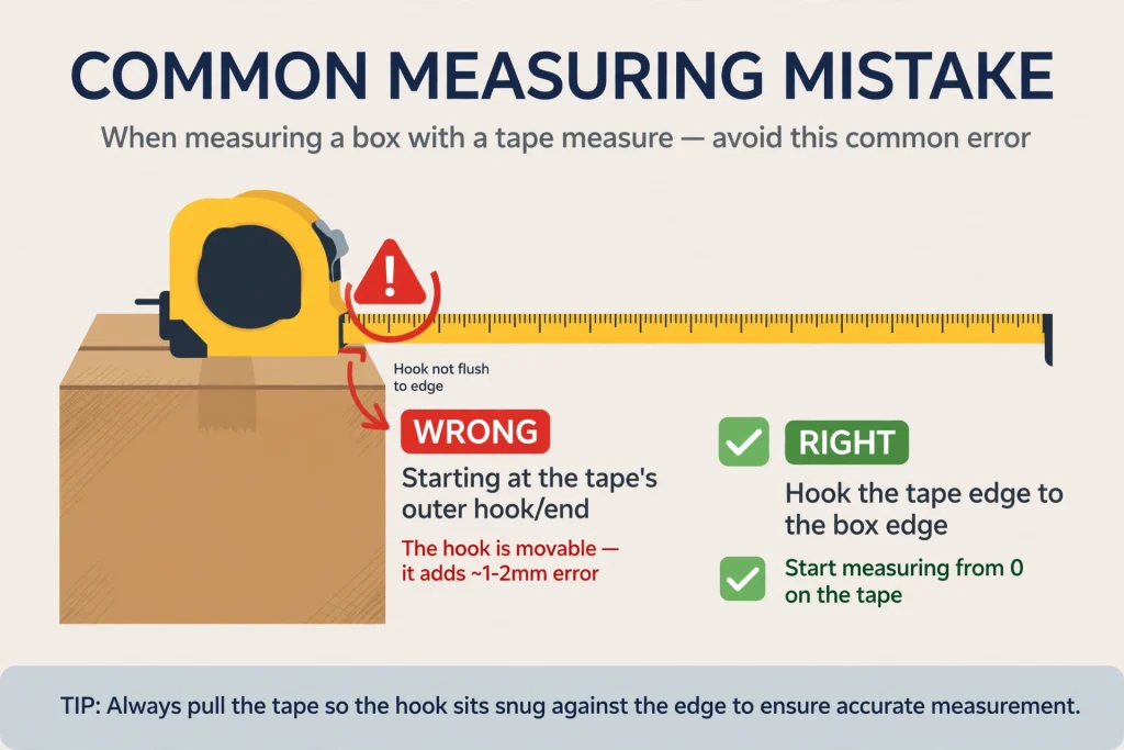 Diagram showing common box measuring mistakes to avoid
