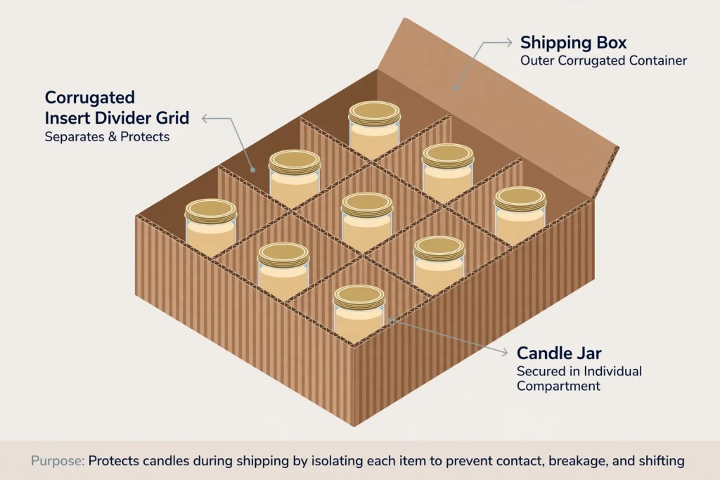 Diagram of a corrugated insert divider holding candle jars apart