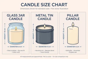 Candle box size chart showing standard box dimensions for jars tins and pillars