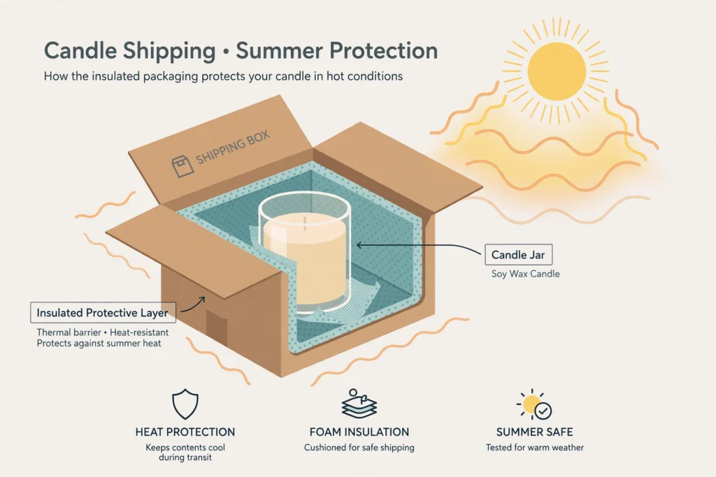 Diagram showing heat protection packaging for shipping candles in summer