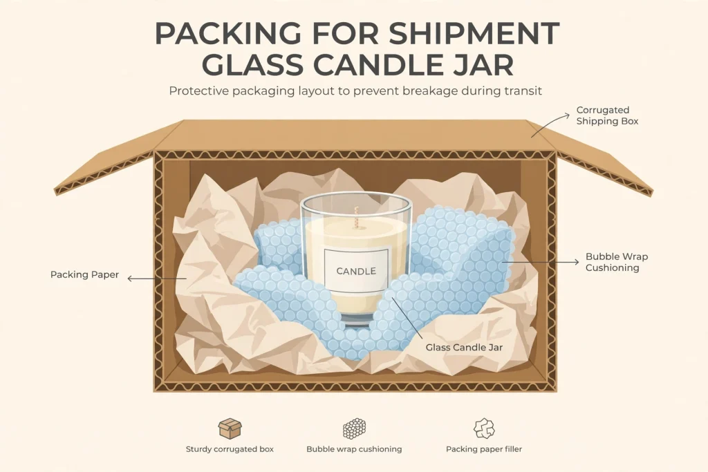 Diagram showing how to pack a candle jar in a shipping box with cushioning