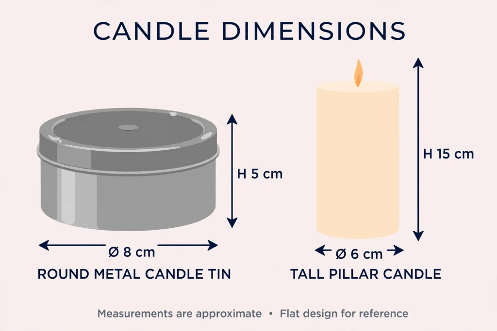 Diagram showing candle tin and pillar box size options