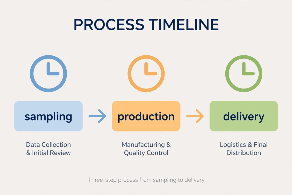 Timeline infographic of custom box sampling production and delivery stages