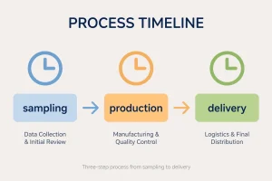 Timeline infographic of custom box sampling production and delivery stages