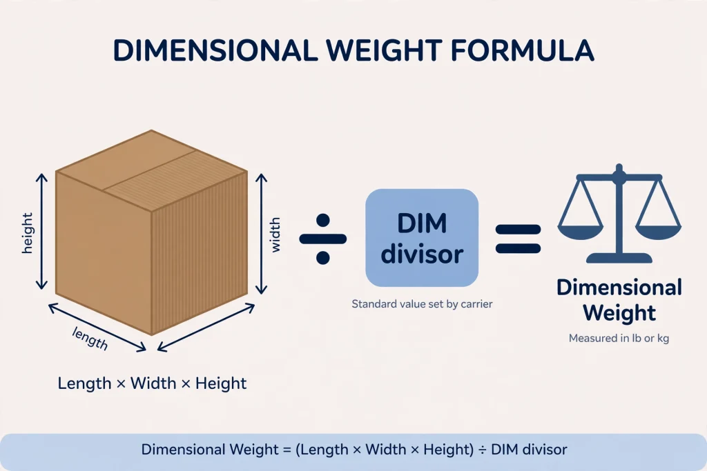 Diagram explaining the dimensional weight formula using box length width and height