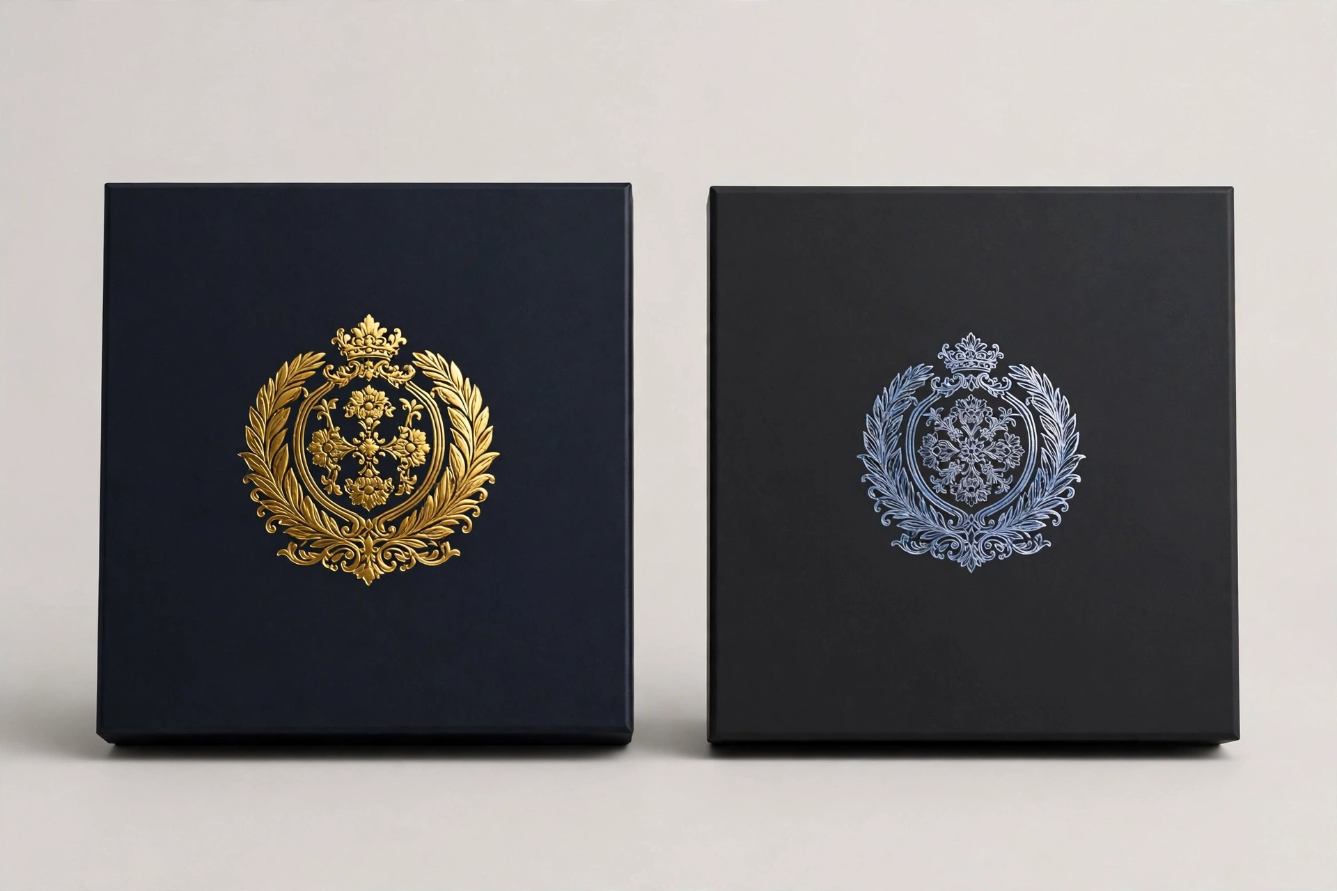 Same logo shown with hot foil stamping and cold foil printing finishes side by side