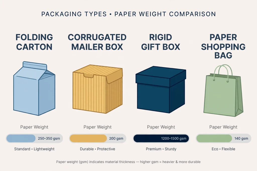 Chart matching typical GSM ranges to folding carton mailer and rigid box types