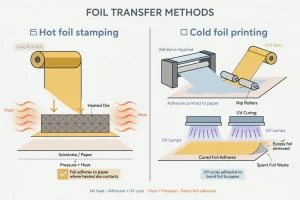 Diagram comparing hot foil stamping die process with cold foil UV adhesive printing process