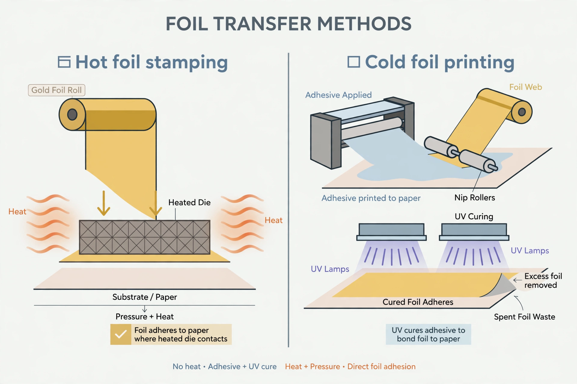 Diagram comparing hot foil stamping die process with cold foil UV adhesive printing process