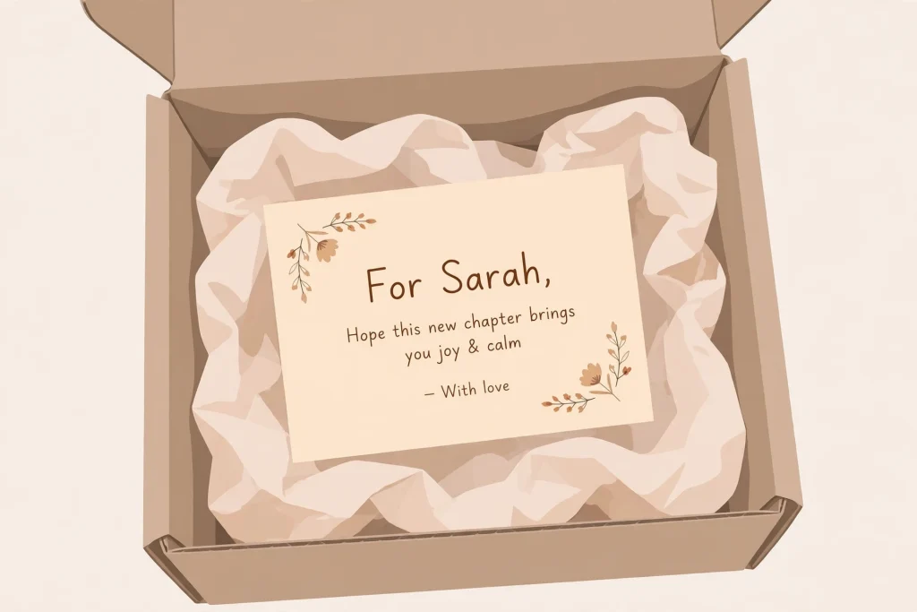 Close-up illustration of personalized insert card inside a PR box