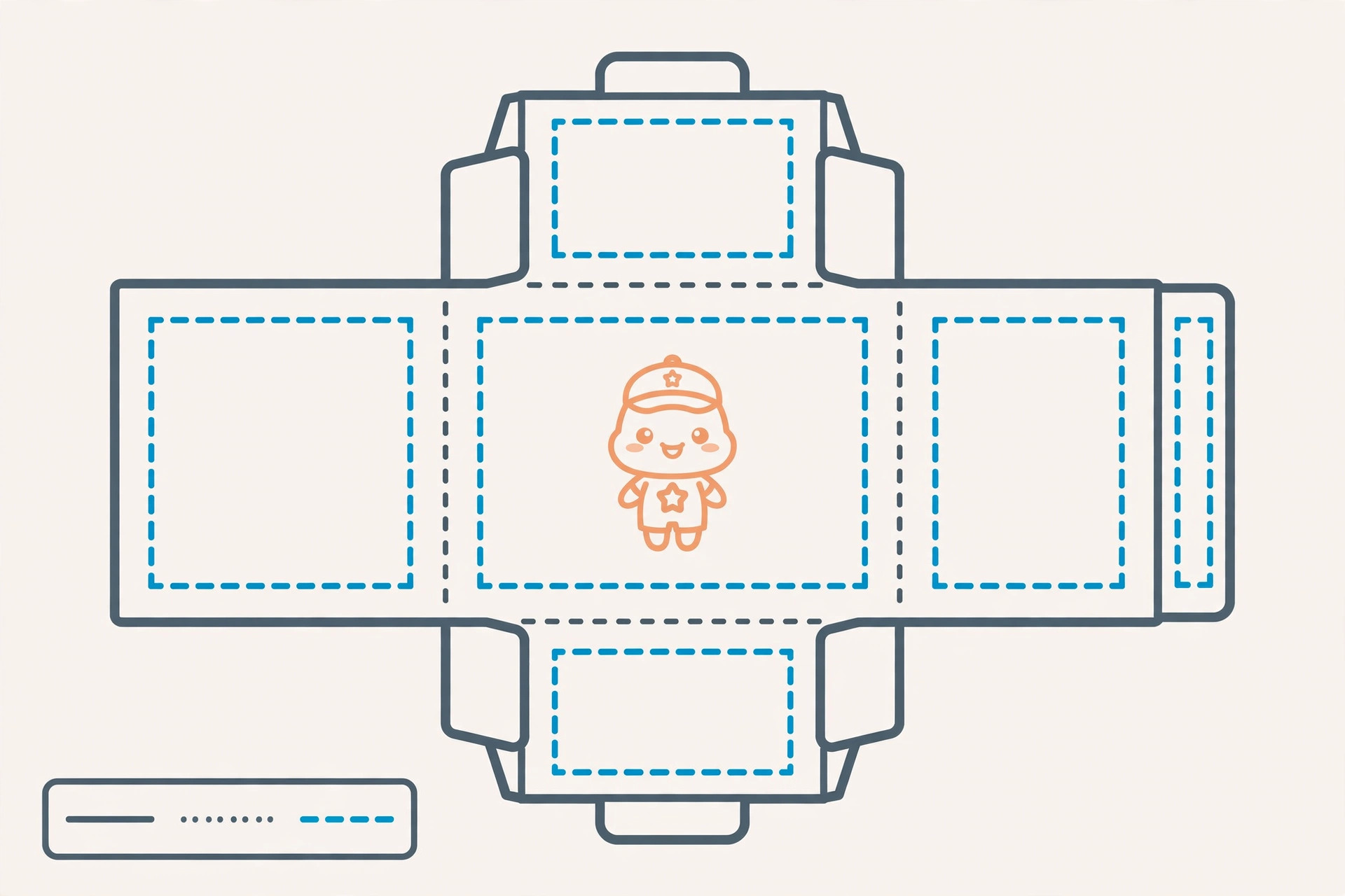 Diagram showing mascot artwork placement on a box dieline with safe zones