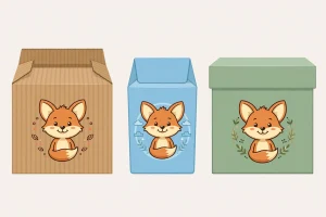 Illustration showing brand mascot character artwork printed on custom packaging boxes