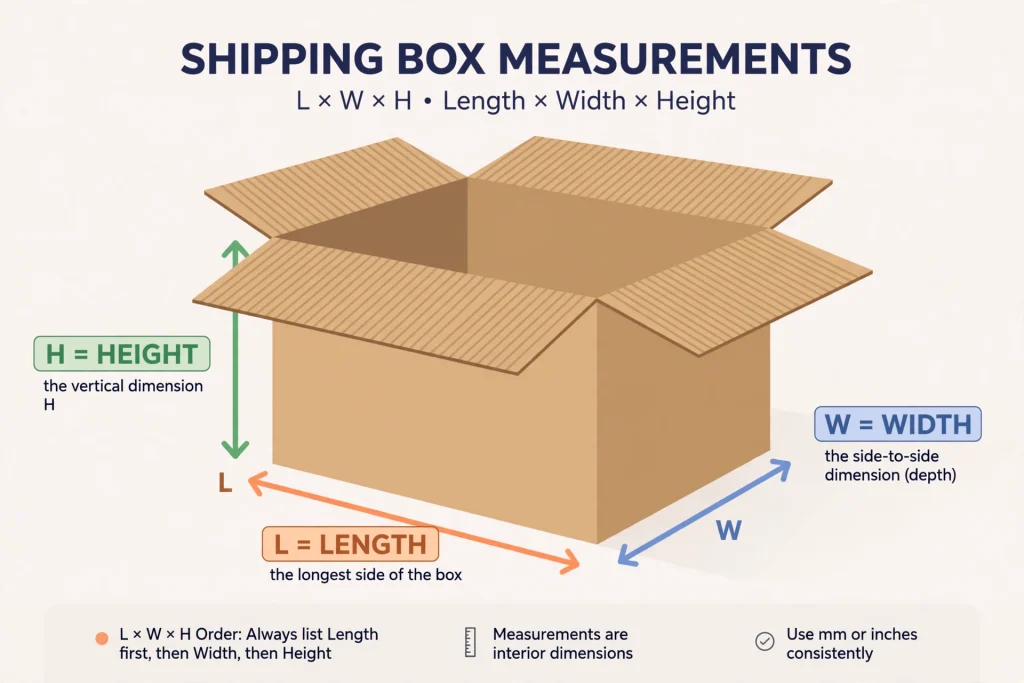 Diagram showing how to measure box length width and height in LWH order