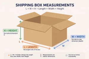 Diagram showing how to measure box length width and height in LWH order