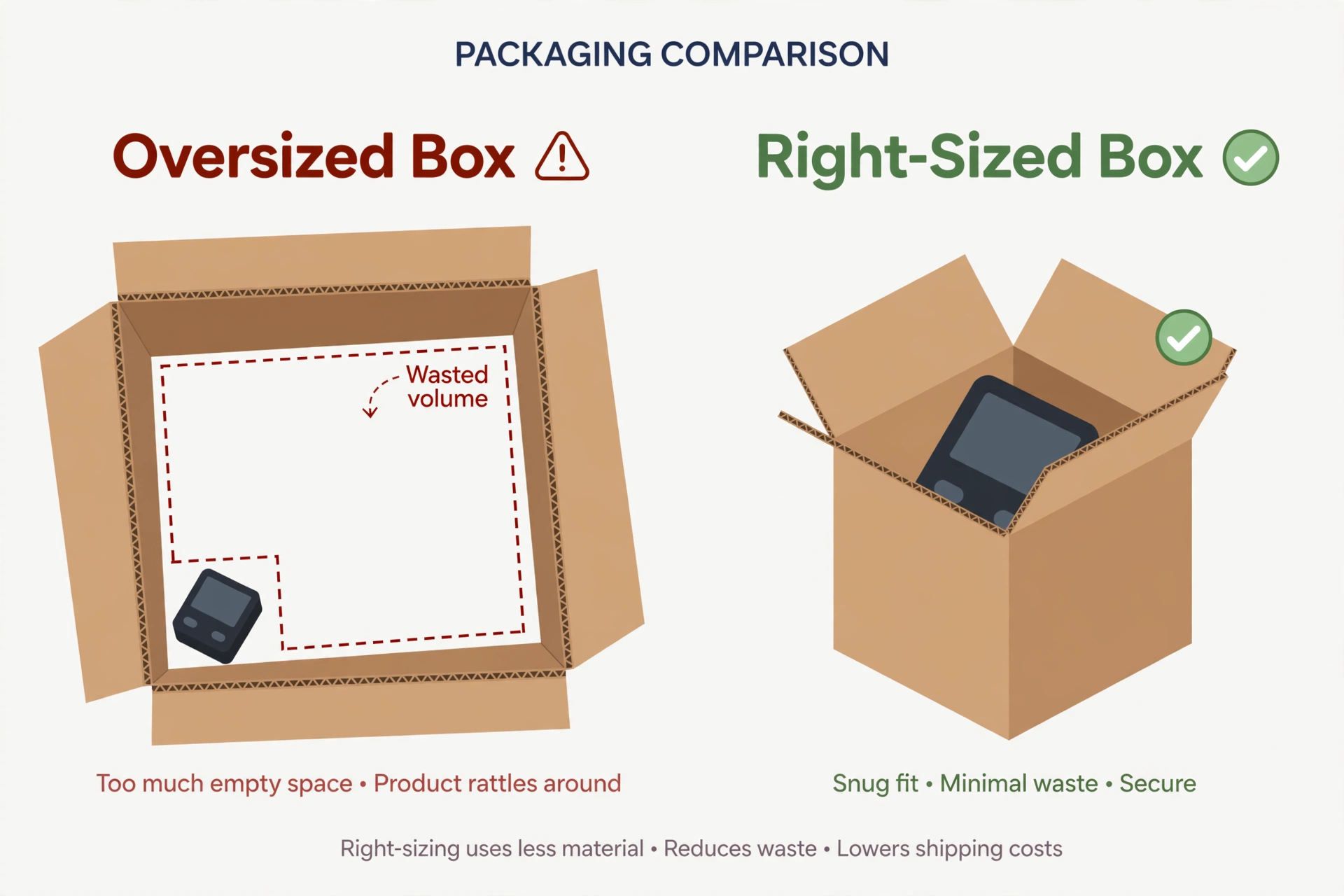 Oversized shipping box with empty space compared with a right-sized mailer box