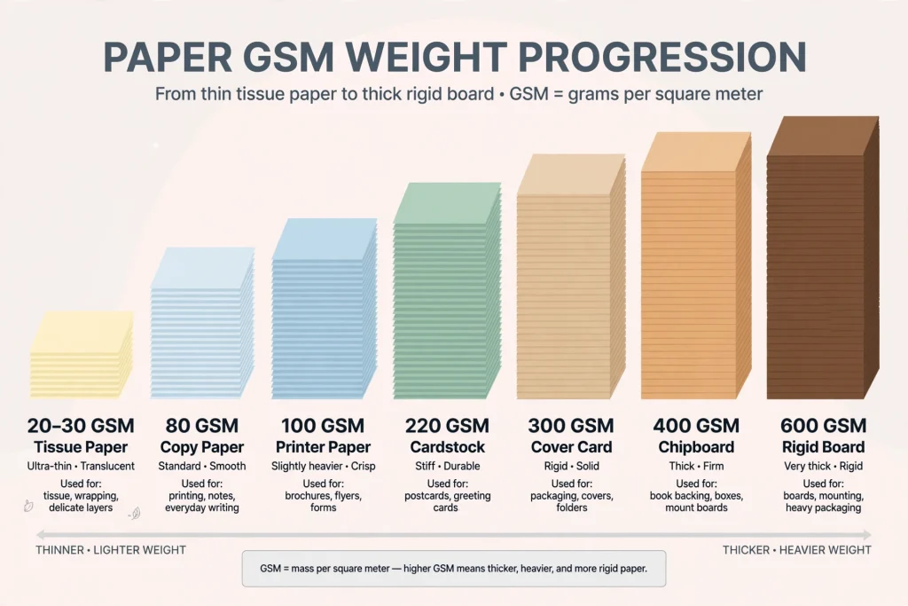 Chart showing paper GSM weight scale from tissue paper to rigid board