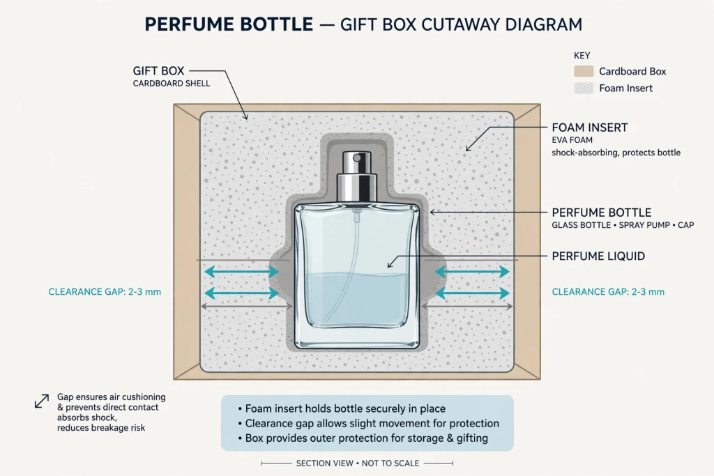 Diagram showing insert fit and clearance inside a perfume box