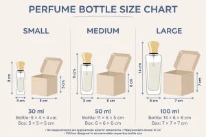 Perfume box size chart showing standard dimensions for common bottle sizes