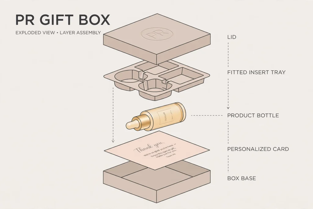 Diagram showing PR box structure with fitted insert and personalized card