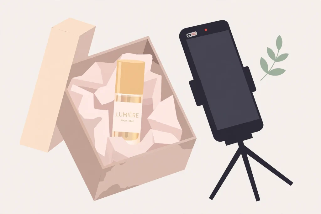 Illustration of an influencer PR box unboxing moment with branded packaging