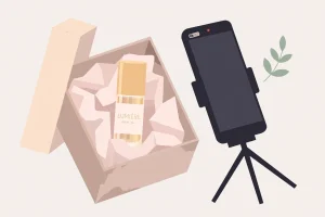 Illustration of an influencer PR box unboxing moment with branded packaging