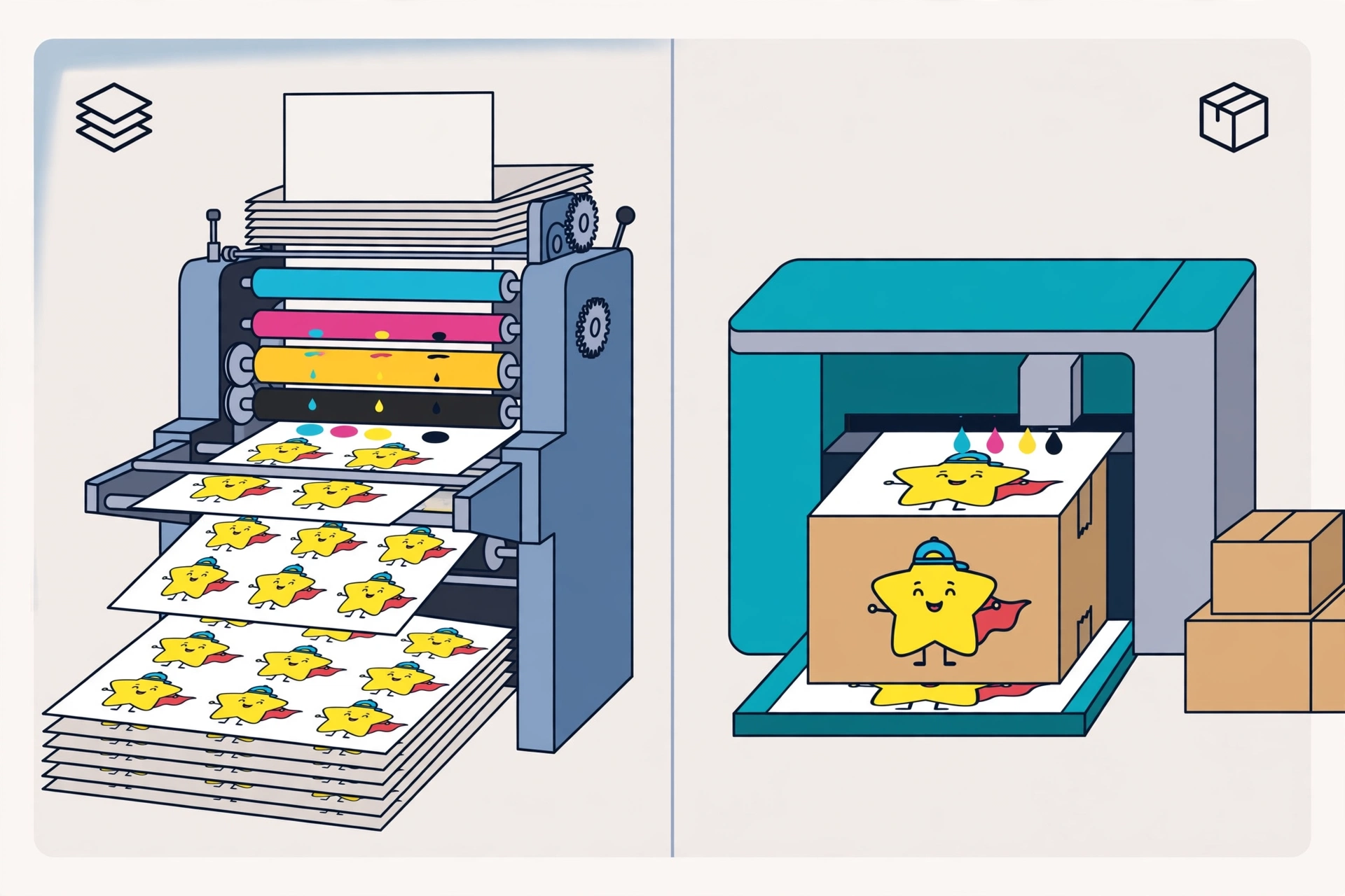 Diagram comparing offset and digital printing for character artwork on boxes
