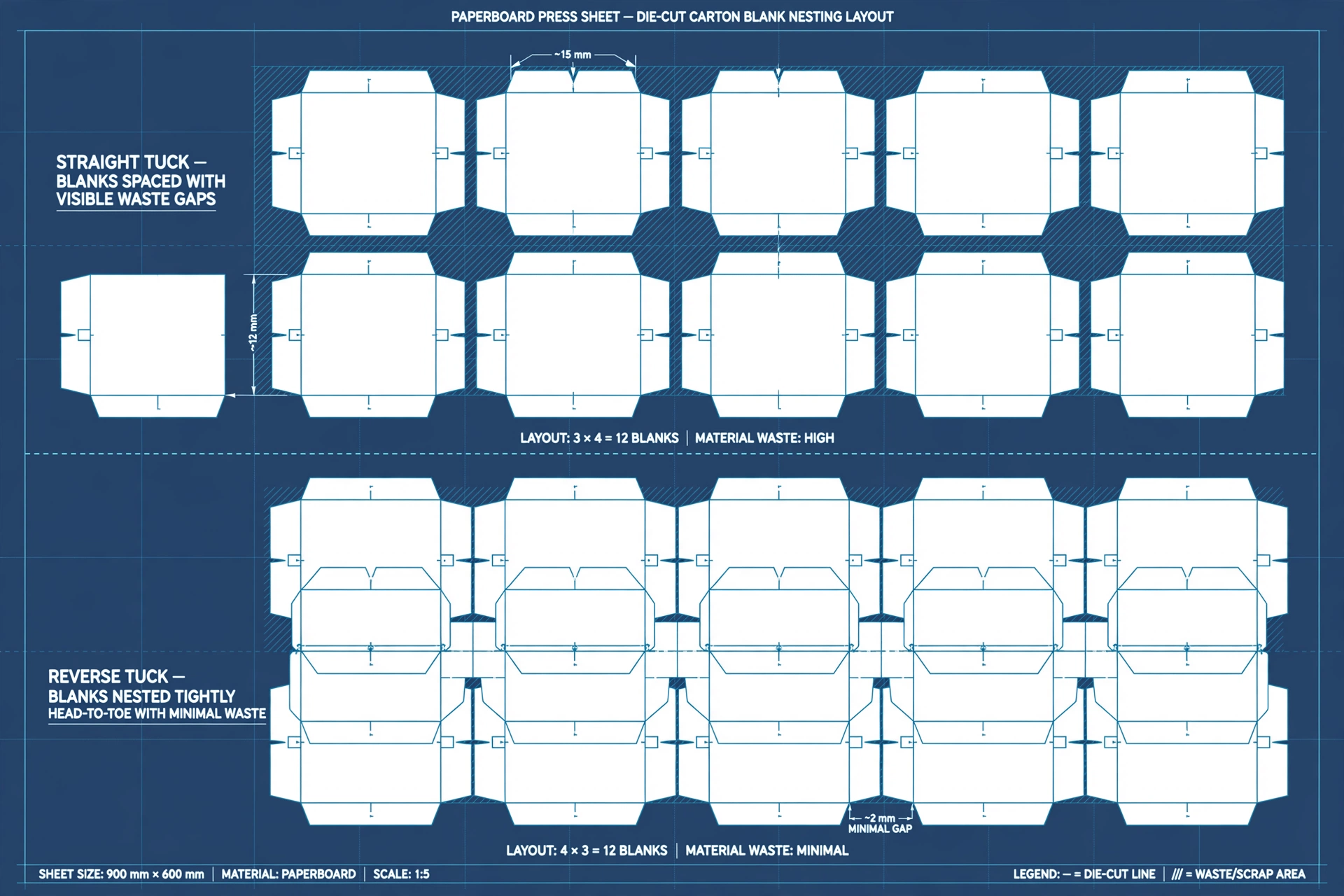 Diagram showing how reverse tuck carton blanks nest tighter on a press sheet than straight tuck
