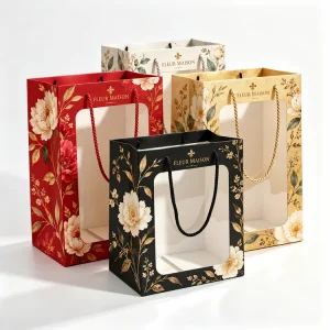 Custom window paper gift bags in four floral colorways - red, cream, gold and black - with clear display windows and twisted rope handles