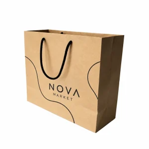Custom printed kraft paper shopping bag with black rope handles and NOVA MARKET logo, front standing view