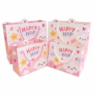 Custom printed pink cartoon paper gift bags with HAPPY HOP print, smiling clouds and stars, in four sizes with pink and white rope handles